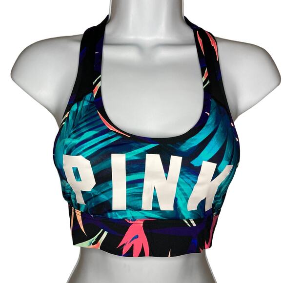 Victorias Secret PINK Racerback Sports Bra Graphic Tropical Print Active Size XS - Picture 1 of 15